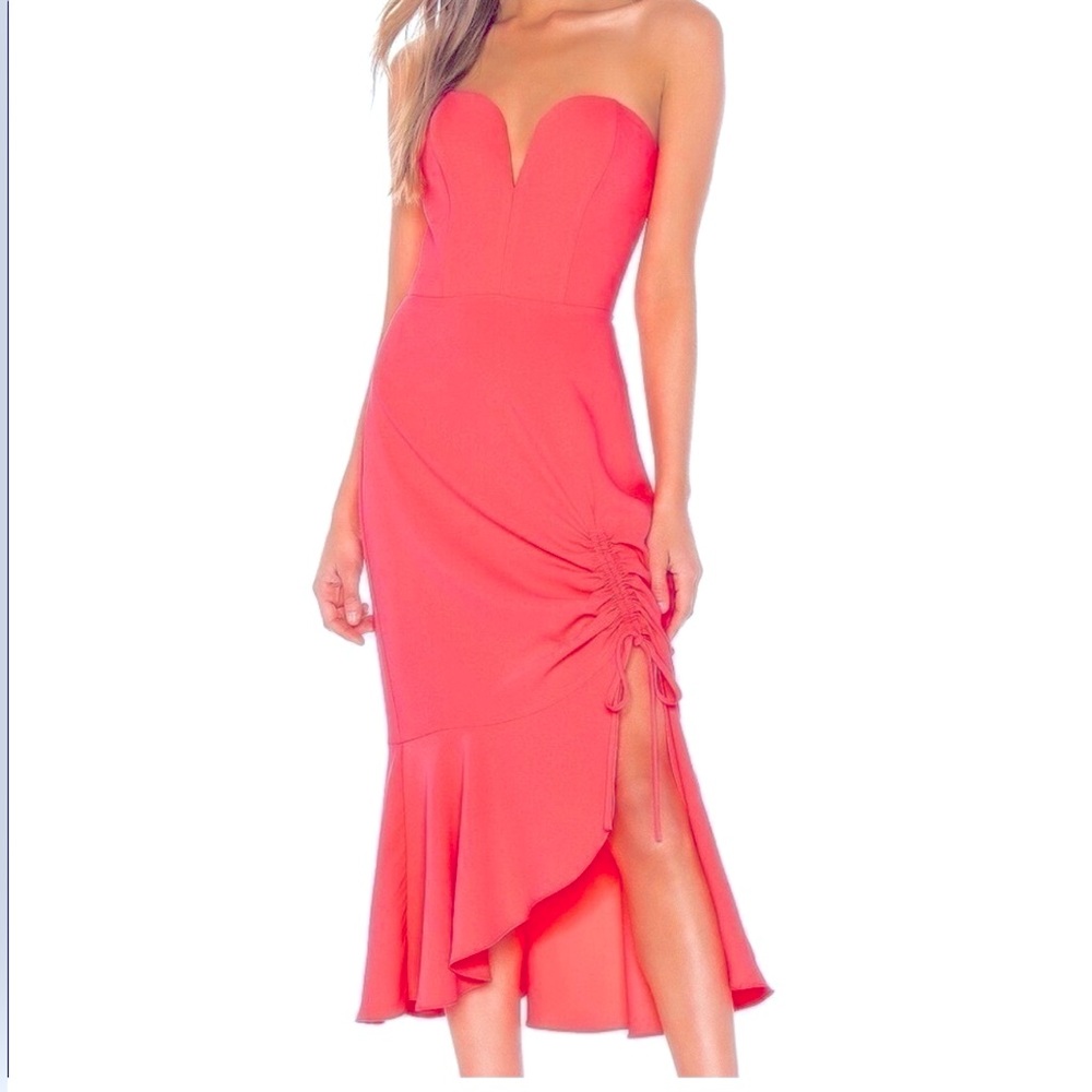 Amanda Uprichard Rayna strapless bustier bright orange midi dress